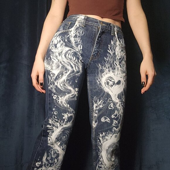 Artsy abstract hand-painted vintage 90s straight-legged high-waisted jeans - Picture 1 of 15